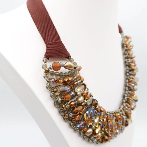 TALBOTS Caramel & Smoky Grey/Blue Beaded Collar Statement Necklace - Picture 2 of 7